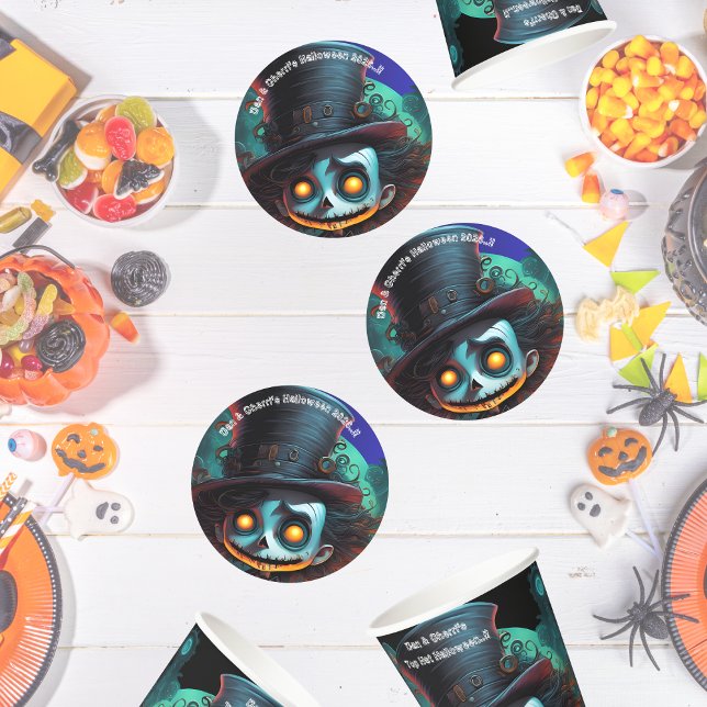 Porta-copo De Papel Redondo Psycho Top Halloween Party (Psycho Top Hat Halloween Party Round Paper Coaster)
