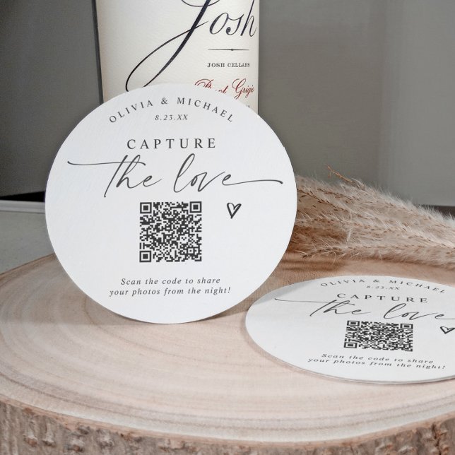 Porta-copo De Papel Redondo QR Code Wedding Modern Elegant Photo Sharing (QR code wedding coasters for photo sharing - capture the love - elegant handwriting)