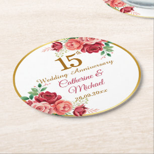 Porta-copo De Papel Redondo Quadro de Ouro de Aniversário de Casamento de 15 A