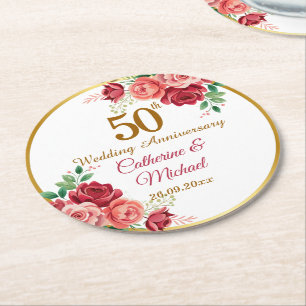 Porta-copo De Papel Redondo Quadro Dourado de Aniversário de 50 Anos de Casame