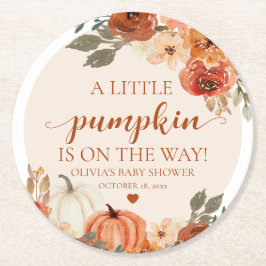 Porta-copo De Papel Redondo Queda Um Pequeno Pumpkin está a caminho do Chá de 