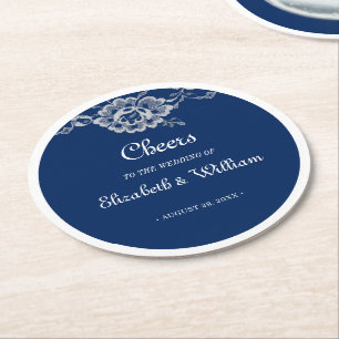 Porta-copo De Papel Redondo Raios Florais Elegantes no Casamento Azul Marinho
