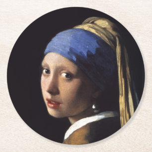 Porta-copo De Papel Redondo Rapariga com pérolas a ouvir de Johannes Vermeer