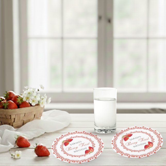 Porta-copo De Papel Redondo Red Lace Berry First Birthday (Red Lace Berry First Birthday Round Paper Coaster)