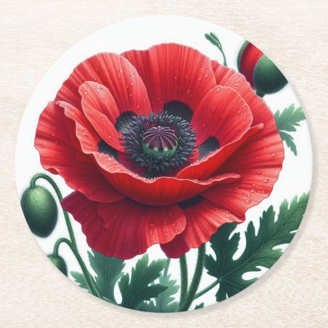 Porta-copo De Papel Redondo Red Poppy Floral (Frente)