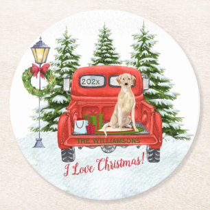 Porta-copo De Papel Redondo Red Vintage Truck Lab Retriever Snow