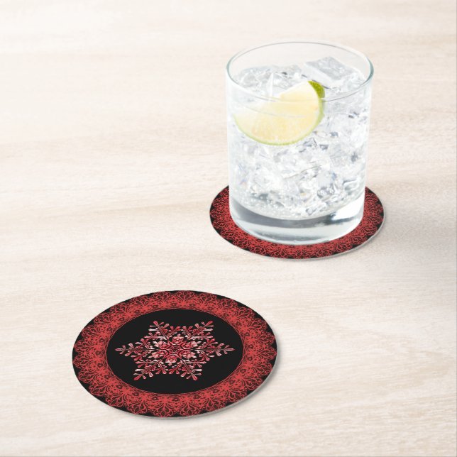 Porta-copo De Papel Redondo Red Winter Snowflake Lace Edge (Insitu)