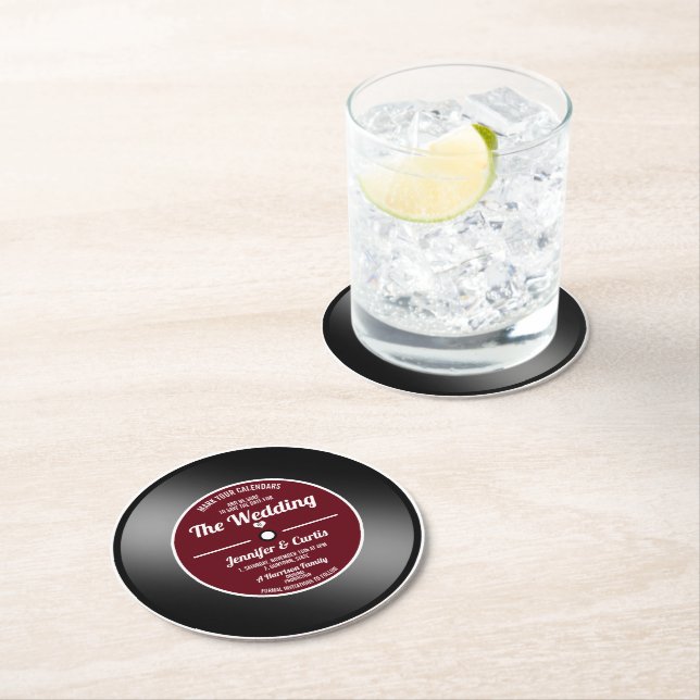 Porta-copo De Papel Redondo Registro de vinil retroativo Vinho Casamento Verme (Insitu)