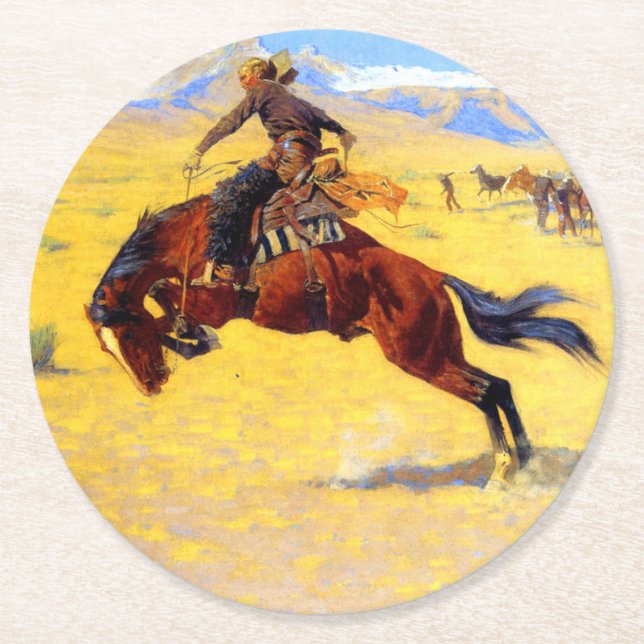Porta-copo De Papel Redondo Remington Old West Horse and Cowboy (Frente)