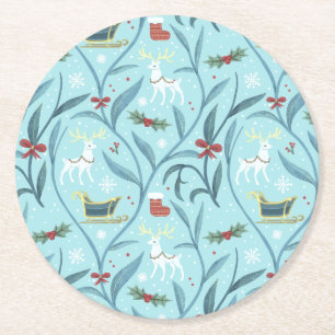 Porta-copo De Papel Redondo Rena de Natal Floral Folhosa Padrão