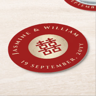 Porta-copo De Papel Redondo Retângulo Dourado Felicidade Dupla Casamento Chinê