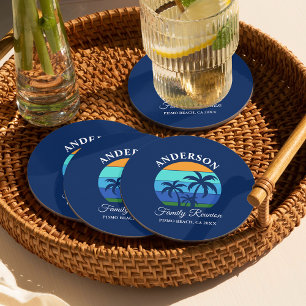 Porta-copo De Papel Redondo Reunião Familiar Summer Beach Palm Trees Blue
