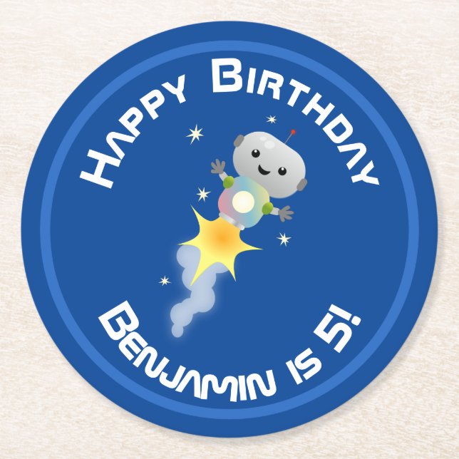 Porta-copo De Papel Redondo Robô bonito voando em ilustração de desenho animad (Frente)