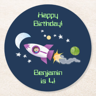 Porta-copo De Papel Redondo Rockets em ilustração de desenhos animados espacia