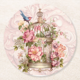 Porta-copo De Papel Redondo Romântica Vintage Watercolor Birdcage Floral