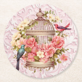 Porta-copo De Papel Redondo Romântico Cage de Pássaros Floral Aquarela Vintage