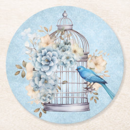 Porta-copo De Papel Redondo Romântico Cage de Pássaros Floral Aquarela Vintage
