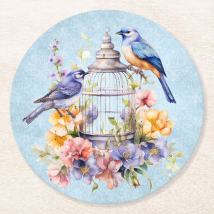 Porta-copo De Papel Redondo Romântico Cage de Pássaros Floral Aquarela Vintage