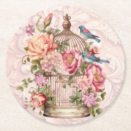 Porta-copo De Papel Redondo Romântico Cage de Pássaros Floral Aquarela Vintage