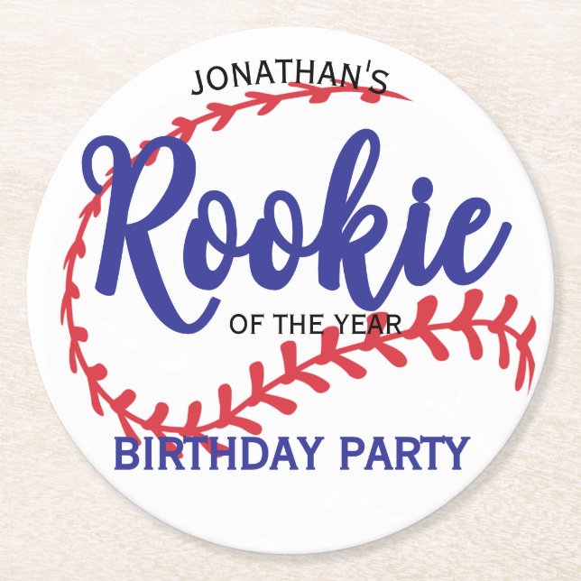 Porta-copo De Papel Redondo Rookie of the Year 1st Bday Baseball (Frente)