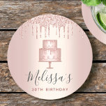 Porta-copo De Papel Redondo Rosa dourado brilho dourado gota elegante festa fe<br><div class="desc">Relaxe com sua bebida favorita e proteja seus móveis com essas portas copos de papel personalizadas, simples, modernas, giras e na moda. Um bolo de 2 camadas, rosa dourado, tipografia elegante com script e gotas de brilho sobrepõem-se a um fundo magro de ouro rosa metálico. Personalize com o nome e...</div>