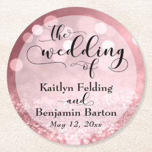 Porta-copo De Papel Redondo Rosa Dourado Glitter Bokeh e Tipografia Souvenir