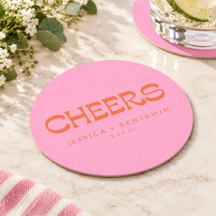 Porta-copo De Papel Redondo Rosa Laranja Cheers Casamento Bar Hora do Coquetel