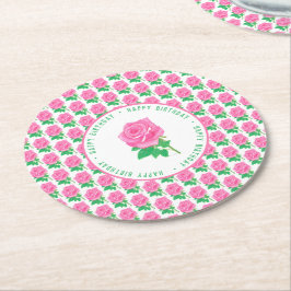Porta-copo De Papel Redondo Rosa Rosa Feliz Aniversário