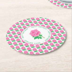 Porta-copo De Papel Redondo Rosa Rosa Feliz Aniversário
