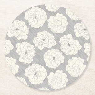Porta-copo De Papel Redondo Rosas brancas em Cinzas claras - padrão uniforme.
