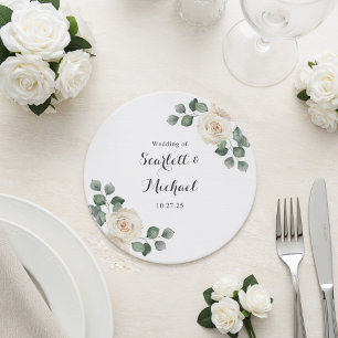 Porta-copo De Papel Redondo Rosas Brancas Primavera Floral Romântico Casamento