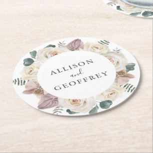 Porta-copo De Papel Redondo Rosas e Orquídeas em Aquarela Casamento Personaliz