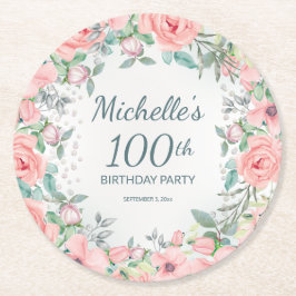 Porta-copo De Papel Redondo Rosas Florais em Aquarela Rosa Aniversário de 100