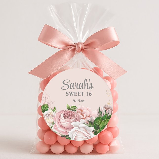 Porta-copo De Papel Redondo Rosas Rosa Esbranquiçadas Silver Floral Brilhante  (Elegant blush pink vintage roses Sweet 16 birthday favor bag sticker)