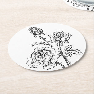 Porta-copo De Papel Redondo Rosas Vintage Preto Branco Flores Casamento