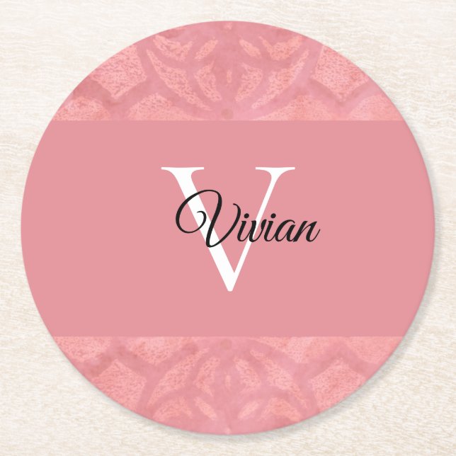Porta-copo De Papel Redondo Ruddy Pink Batik Name Monogrammed (Frente)