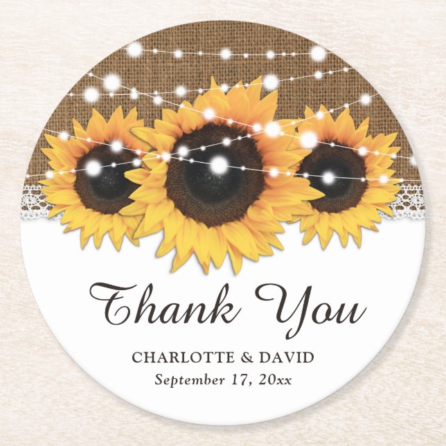 Porta-copo De Papel Redondo Rustic Burlap Lace String Luz Sunflower Casamento (Frente)