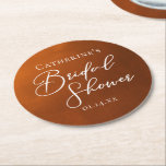 Porta-copo De Papel Redondo Rustic Burnt Orange Bridal Shower Personalized<br><div class="desc">This rustic burnt orange bridal shower party coaster features beautiful white typography for an autumn party featuring boho colors for a fall wedding. Minimalist white typography for a bohemian bride.</div>