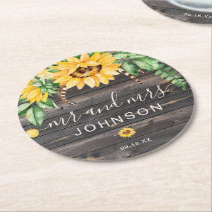 Porta-copo De Papel Redondo Rustic Country Sunflower Mr e Sra. Wedding