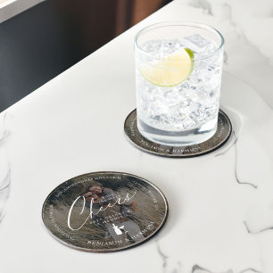 Porta-copo De Papel Redondo Salve a Data Cheer! Bebidas Gratuitas E Uma Foto D