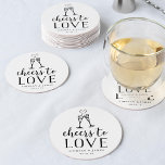 Porta-copo De Papel Redondo Saúde ao Casamento de Amor<br><div class="desc">Torne a hora do seu coquetel de casamento ainda mais memorável com essas portas copos de papel doçamente românticas, apresentando um par de flautas de champanhe unidas por um coração efervescente, com "animações ao amor" e seus nomes e data de casamento embaixo. O design de tipografia branca e preta chic...</div>