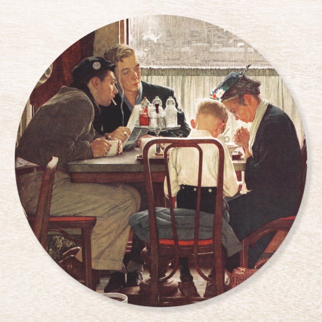 Porta-copo De Papel Redondo Say Grace por Norman Rockwell (Frente)