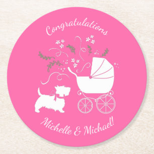 Porta-copo De Papel Redondo Scotty Dog Chá de fraldas Scottish Terrier Pink