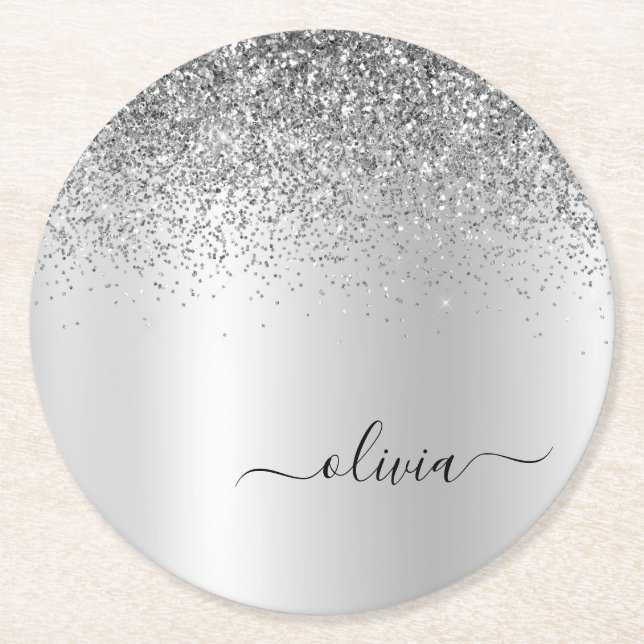 Porta-copo De Papel Redondo Script Girly Sparkle Glitter Monograma de Silver (Frente)