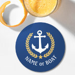 Porta-copo De Papel Redondo Seu nome de boi Anchor Dourado Laurel Star Blue<br><div class="desc">Um conjunto náutico de portas copos de papel redondas personalizadas com o nome do barco, o nome da família ou outro texto desejado, conforme necessário. Apresentando uma âncora de barco, folhas laurel de estilo ouro e emblema de estrela projetados por medida em azul-marinho ou ajustando facilmente a cor primária para...</div>