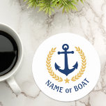 Porta-copo De Papel Redondo Seu nome de boi Anchor Dourado Laurel Star White<br><div class="desc">Um conjunto náutico de portas copos de papel redondas personalizadas com o nome do barco, o nome da família ou outro texto desejado, conforme necessário. Apresentando uma âncora de barco antiga projetada e personalizada, folhas de ouro laurel e emblema de estrela em branco ou ajustando facilmente a cor primária para...</div>