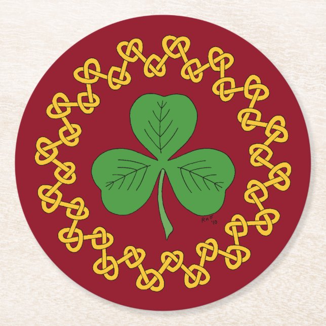 Porta-copo De Papel Redondo Shamrock and Knotwork on Red (Frente)