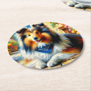 Porta-copo De Papel Redondo Shetland Sheepdog na cena do Jardim de Algodão