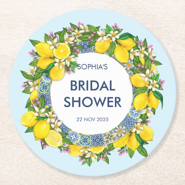 Porta-copo De Papel Redondo Siciliana Majolica Azulejos Floral Leafy Lemon Gar (Frente)