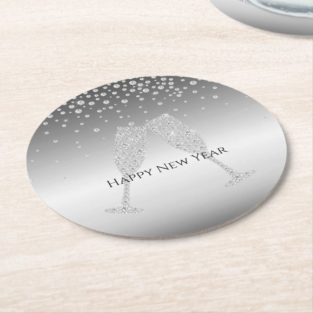 Porta-copo De Papel Redondo Silver Diamond Sparkle Champagne Glass New Year's (Angulado)